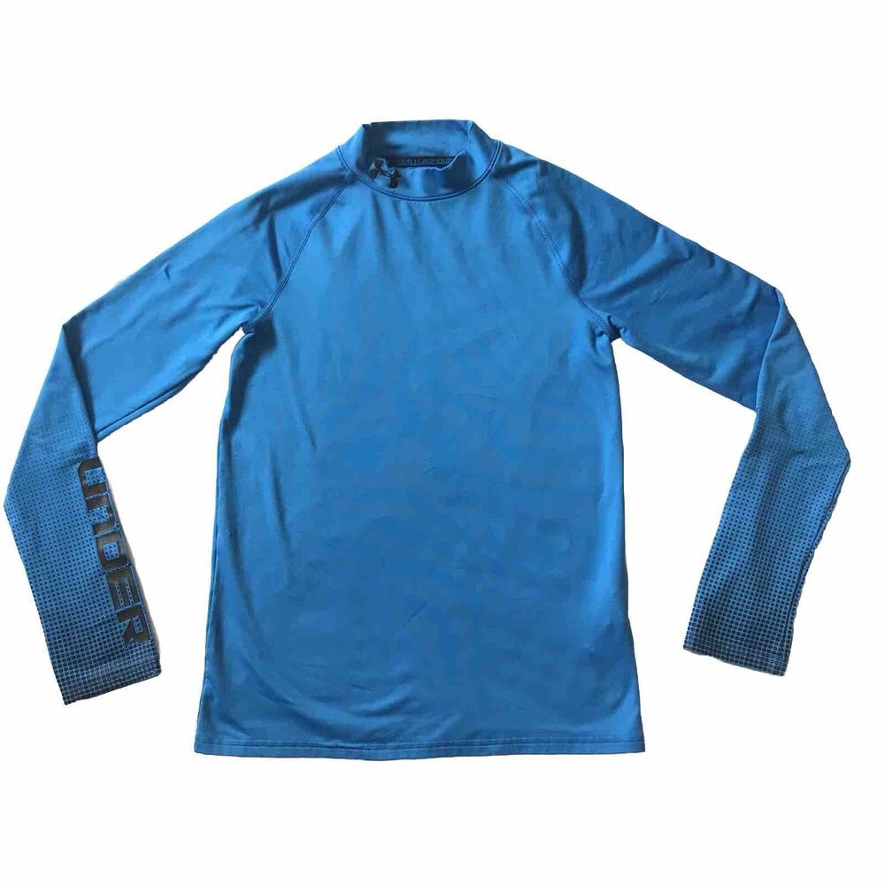YXL Under Armour ColdGear Fitted Shirt Mock Turtleneck Aqua Blue Black 1259678